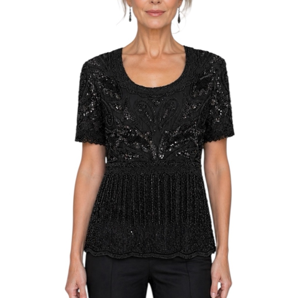 Vintage Venezia Beaded & Sequin Silk Blouse - Short Sleeve Evening Top